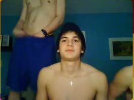 3 cute guys wank, 1 cums
